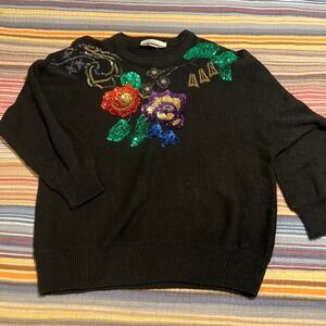 Vintage Diana Marco Black Sequin Beaded Floral Embellished Sweater Women's